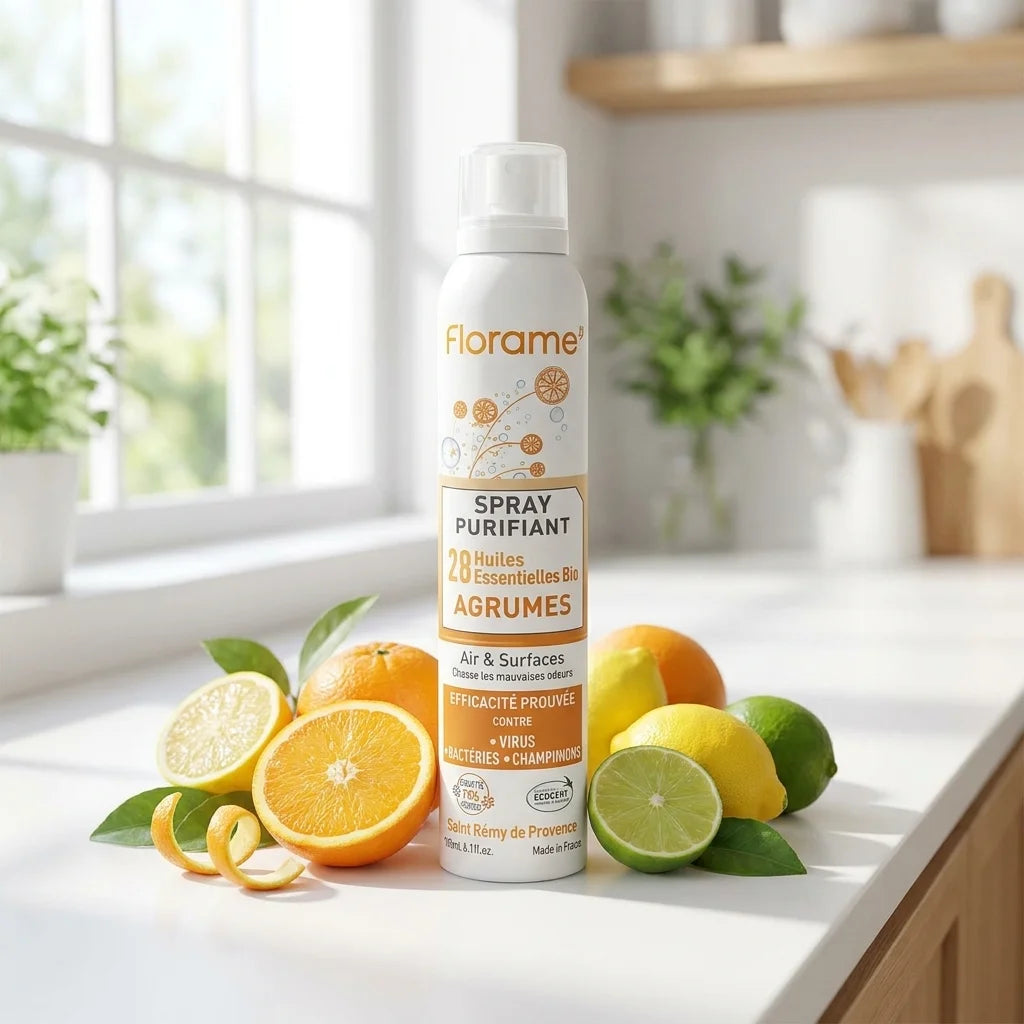 Spray Purifiant Agrumes Bio Florame avec fruits frais sur comptoir cuisine lumineux