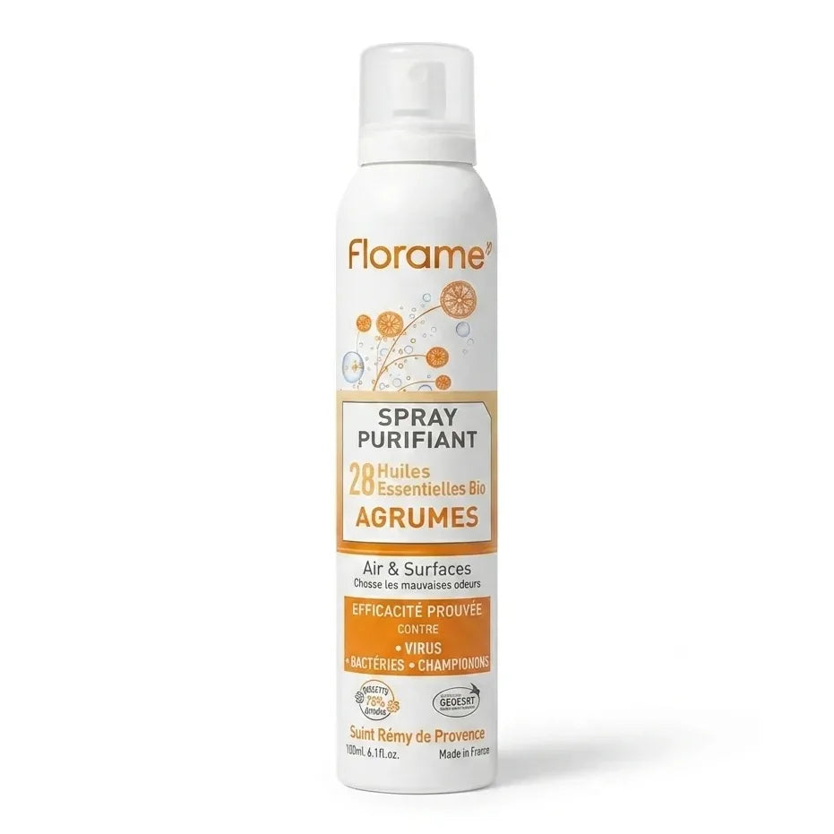 Spray Purifiant Agrumes Bio Florame - Flacon blanc avec étiquette orange et verte