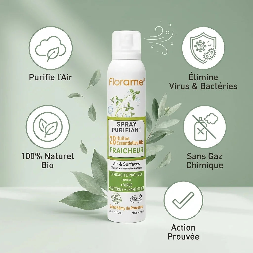 Spray Purifiant Fraîcheur Bio Florame avec ses 5 bénéfices : purifie l'air, élimine virus et bactéries