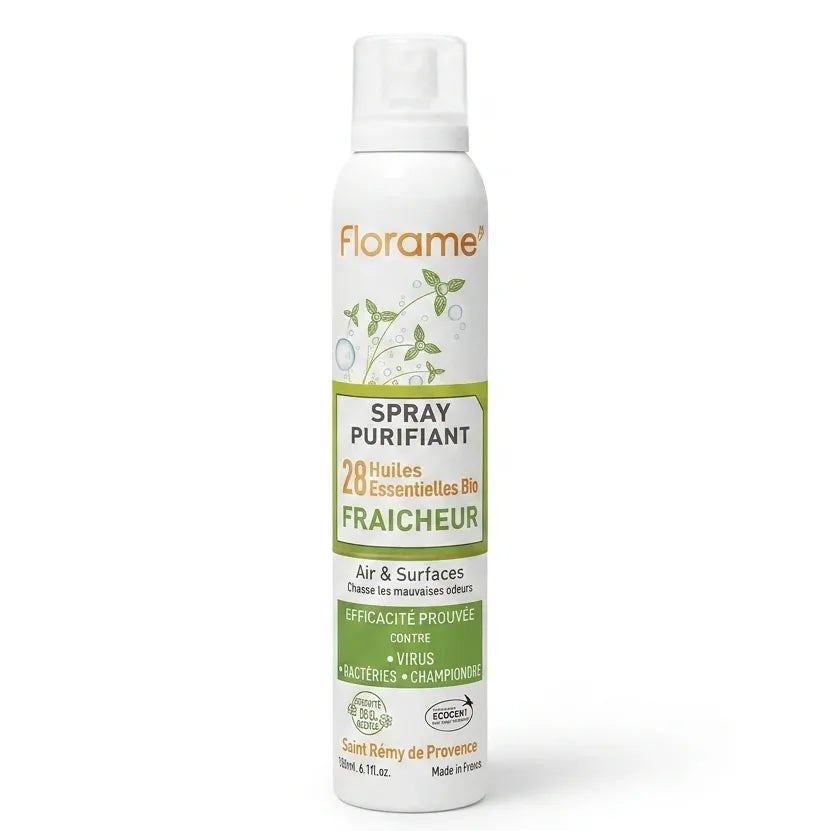 Spray Purifiant Fraîcheur Bio Florame - Flacon aérosol blanc et vert sur fond blanc