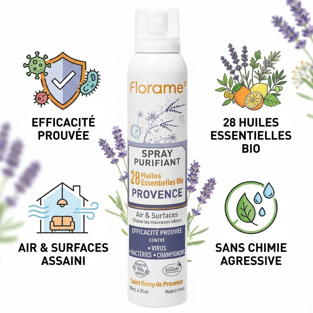 Spray Purifiant Provence bio Florame avec 28 huiles essentielles, efficacité prouvée sans chimie agressive