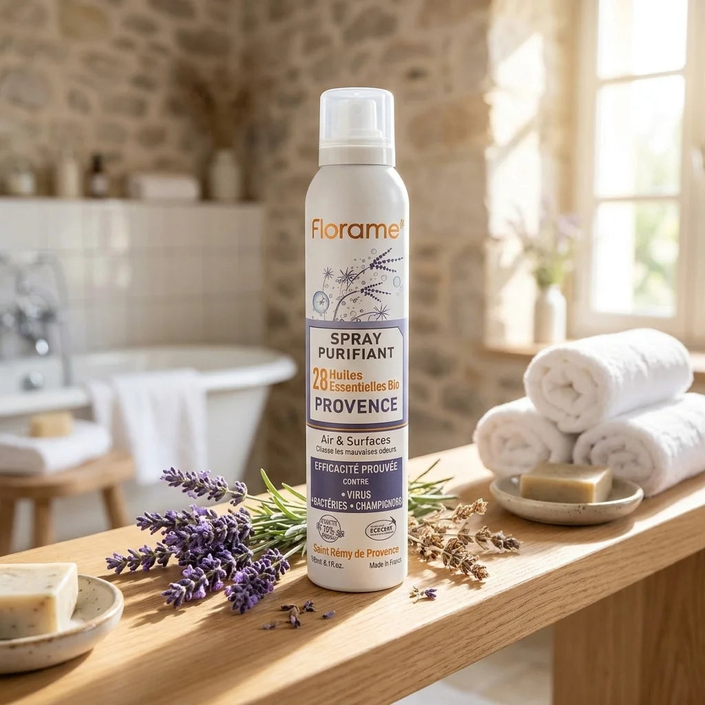 Spray Purifiant Provence bio Florame sur étagère en bois avec lavande fraîche et serviettes blanches