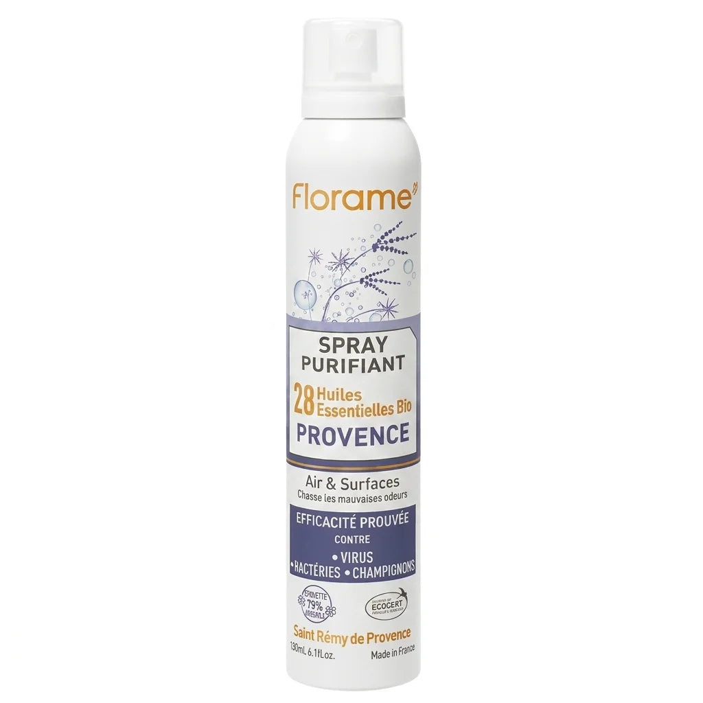 Spray Purifiant Provence Bio Florame bouteille aérosol étiquette lavande fond blanc