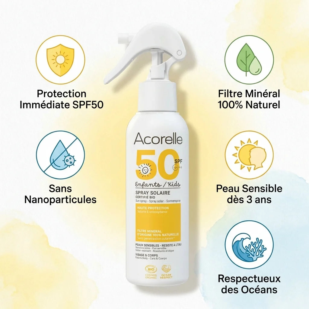 Spray solaire Acorelle SPF50 enfants bio avec icônes bénéfices protection minérale naturelle