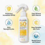 Spray solaire Acorelle SPF50 enfants bio avec icônes bénéfices protection minérale naturelle