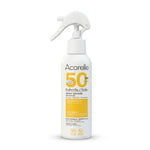 Spray solaire enfants SPF50 Acorelle bio certifié bouteille jaune fond blanc