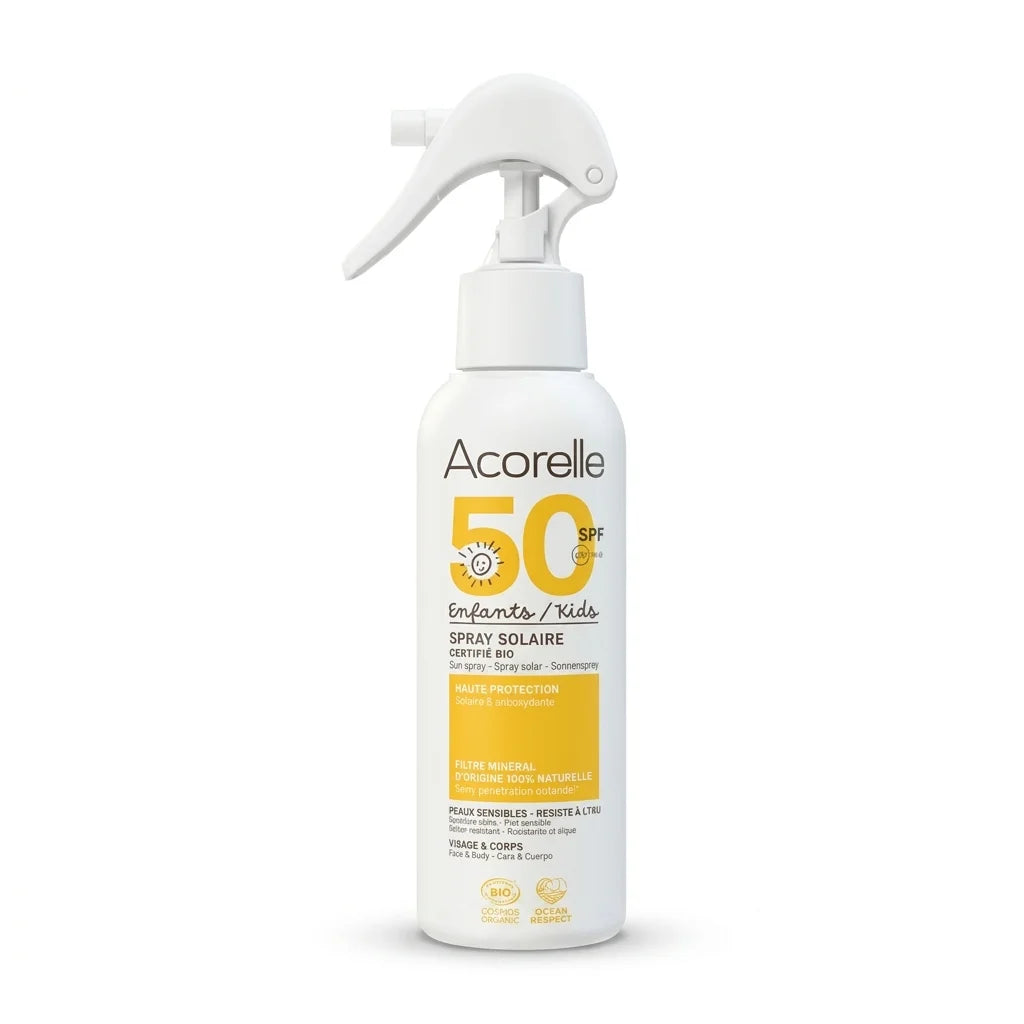 Spray solaire enfants SPF50 Acorelle bio certifié bouteille jaune fond blanc