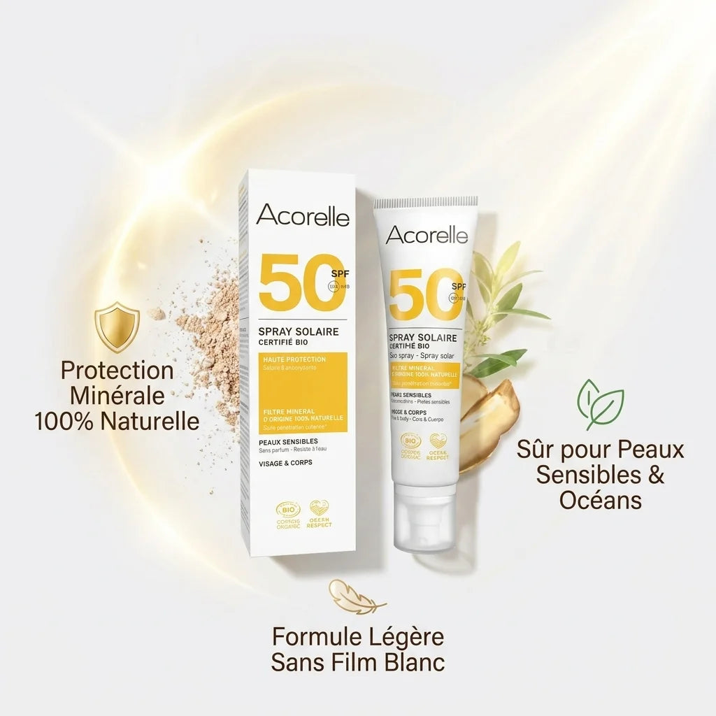Spray solaire SPF 50 bio Acorelle avec ses bénéfices : protection minérale, formule légère, sûr peaux sensibles