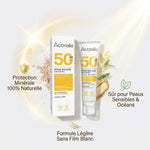 Spray solaire SPF 50 bio Acorelle avec ses bénéfices : protection minérale, formule légère, sûr peaux sensibles