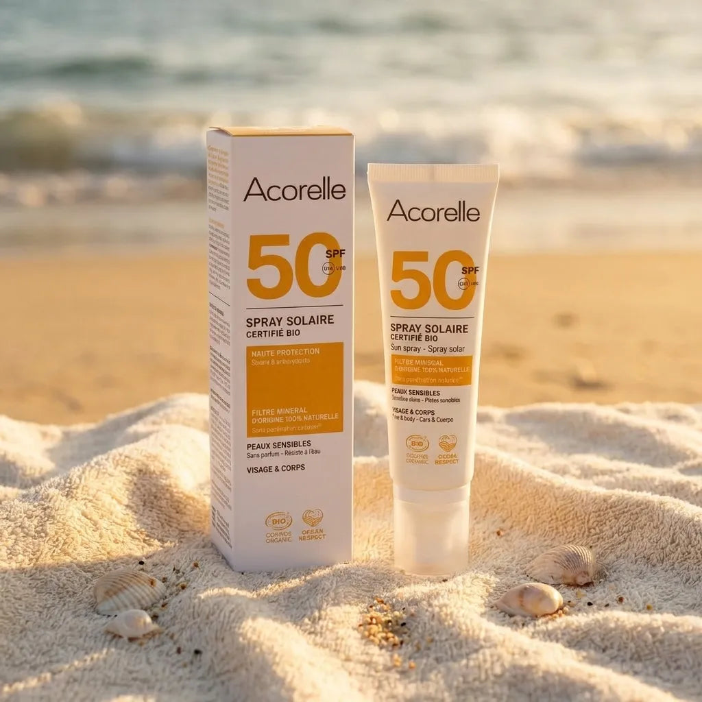Spray solaire SPF 50 bio Acorelle sur serviette de plage avec coquillages et océan