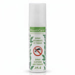 Spray anti-moustiques MoustiCare pour vêtements et tissus, flacon avec bouchon blanc et étiquette verte