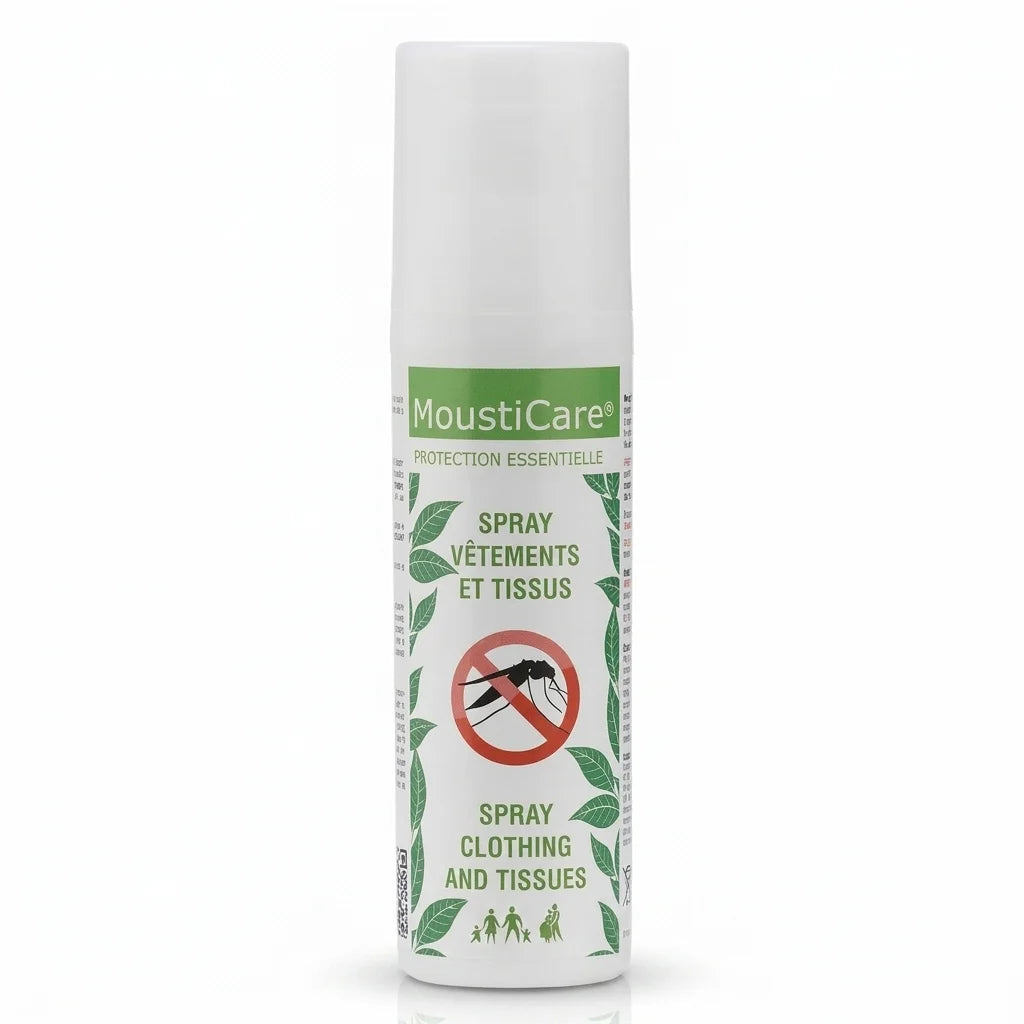 Spray anti-moustiques MoustiCare pour vêtements et tissus, flacon avec bouchon blanc et étiquette verte