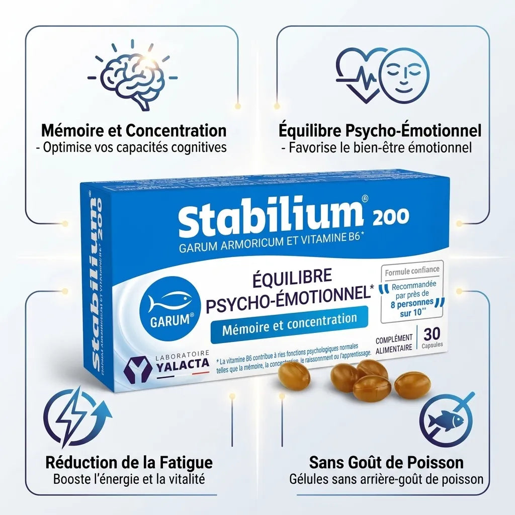 STABILIUM®200 capsules avec bénéfices : mémoire, concentration, équilibre émotionnel, sans goût poisson