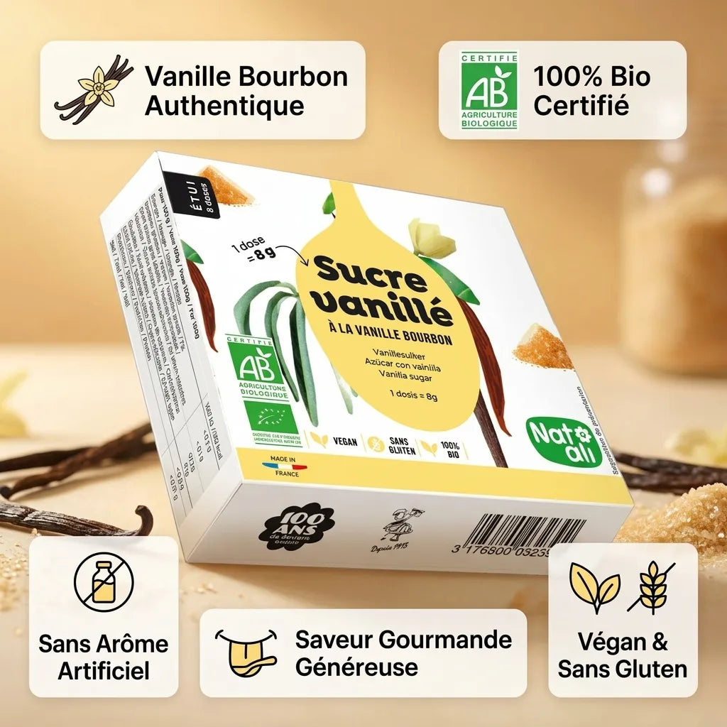 Sucre vanillé bio Nat Ali 8 sachets avec vanille Bourbon, certifié végan et sans gluten