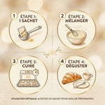 Guide d'utilisation sucre vanillé bio Nat Ali en 4 étapes : mesurer, mélanger, cuire, déguster