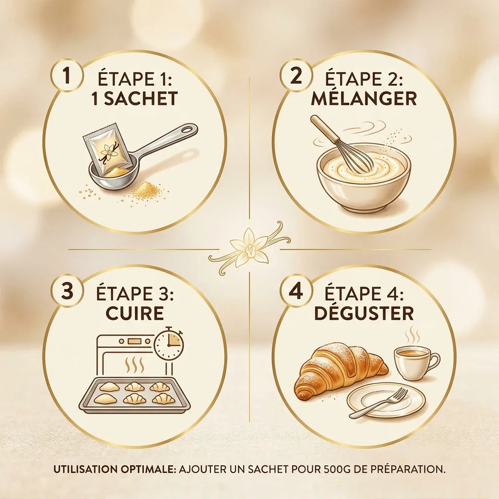 Guide d'utilisation sucre vanillé bio Nat Ali en 4 étapes : mesurer, mélanger, cuire, déguster