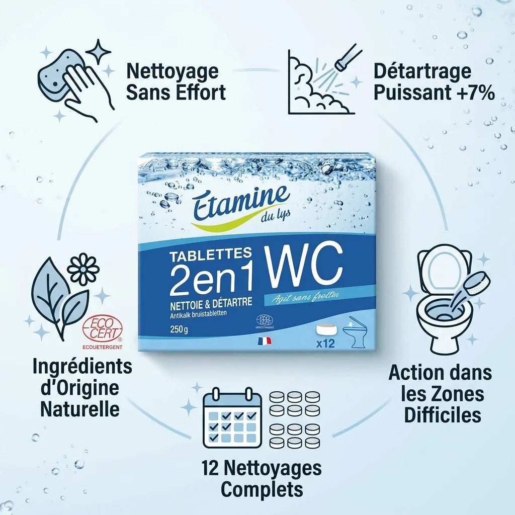 Tablette WC 2 en 1 Etamine du Lys avec bénéfices : nettoyage, détartrage naturel