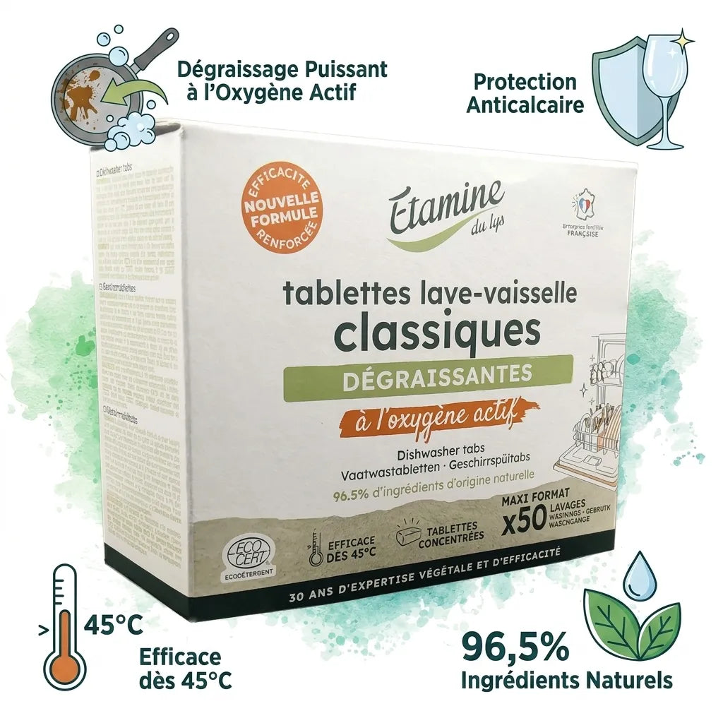 Tablettes lave-vaisselle Etamine du Lys avec bénéfices : dégraissage puissant, protection anticalcaire, ingrédients naturels
