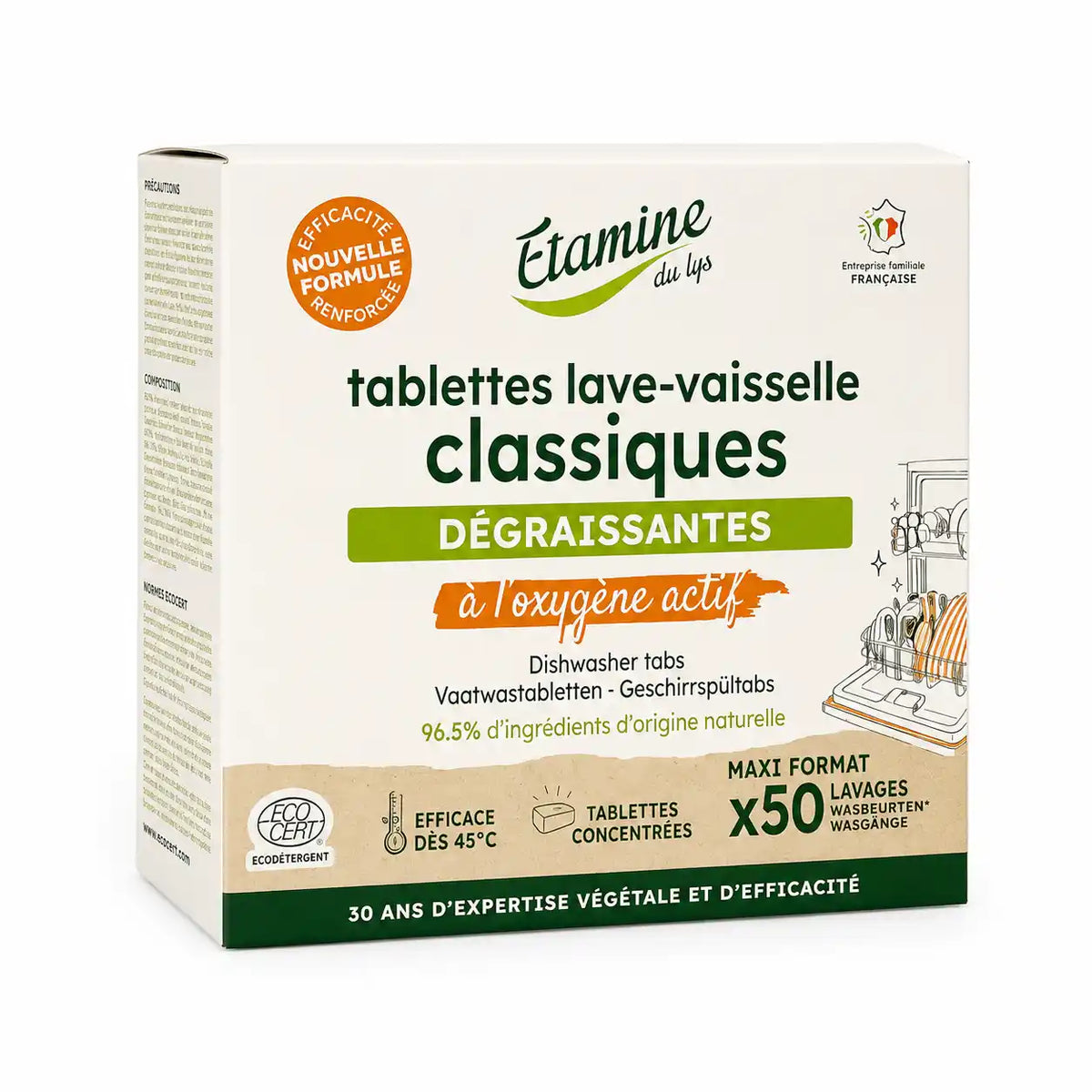 Boîte de tablettes lave-vaisselle Etamine du Lys sur fond blanc, 
