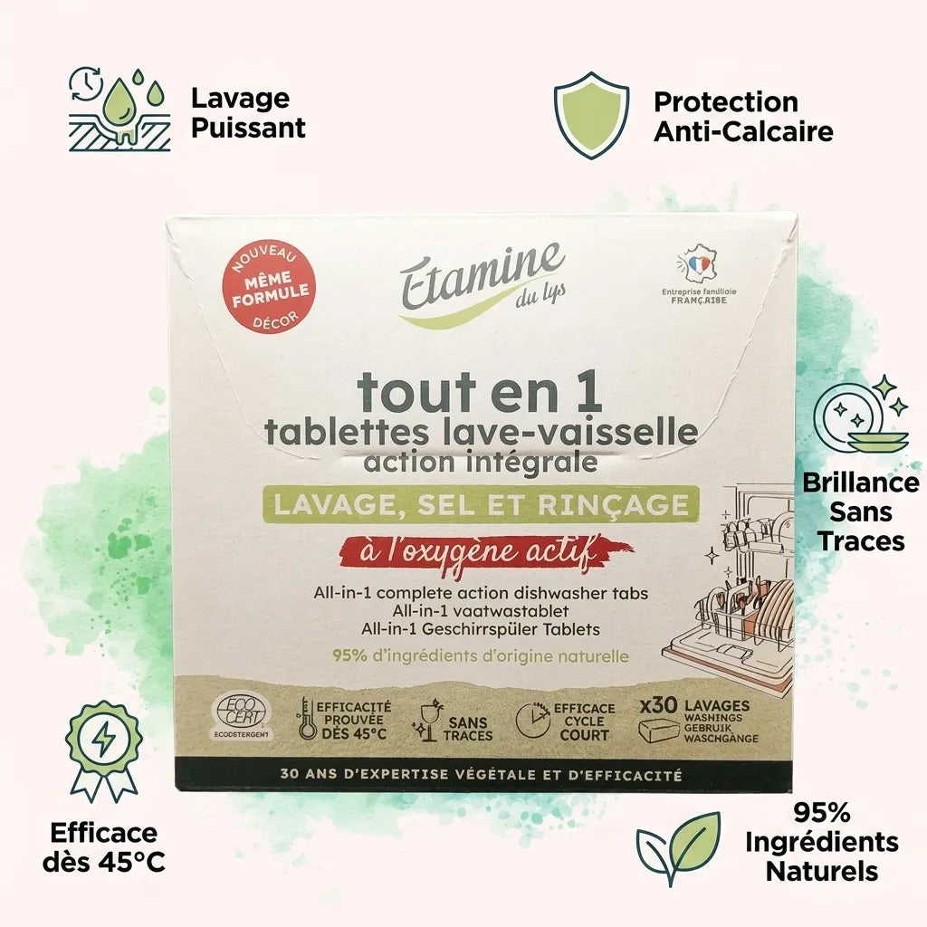 Tablettes lave-vaisselle Etamine du Lys avec infographie des bénéfices : lavage puissant, anti-calcaire, brillance naturelle
