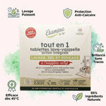 Tablettes lave-vaisselle Etamine du Lys avec infographie des bénéfices : lavage puissant, anti-calcaire, brillance naturelle