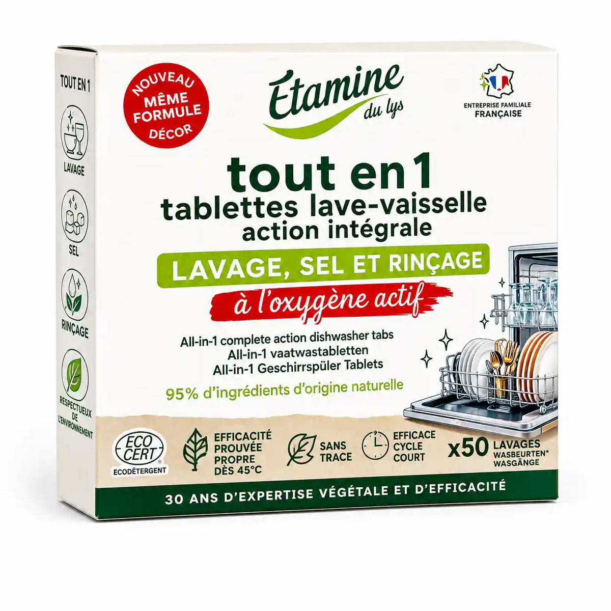 Boîte de tablettes lave-vaisselle Tout en 1 Etamine du Lys sur fond blanc

