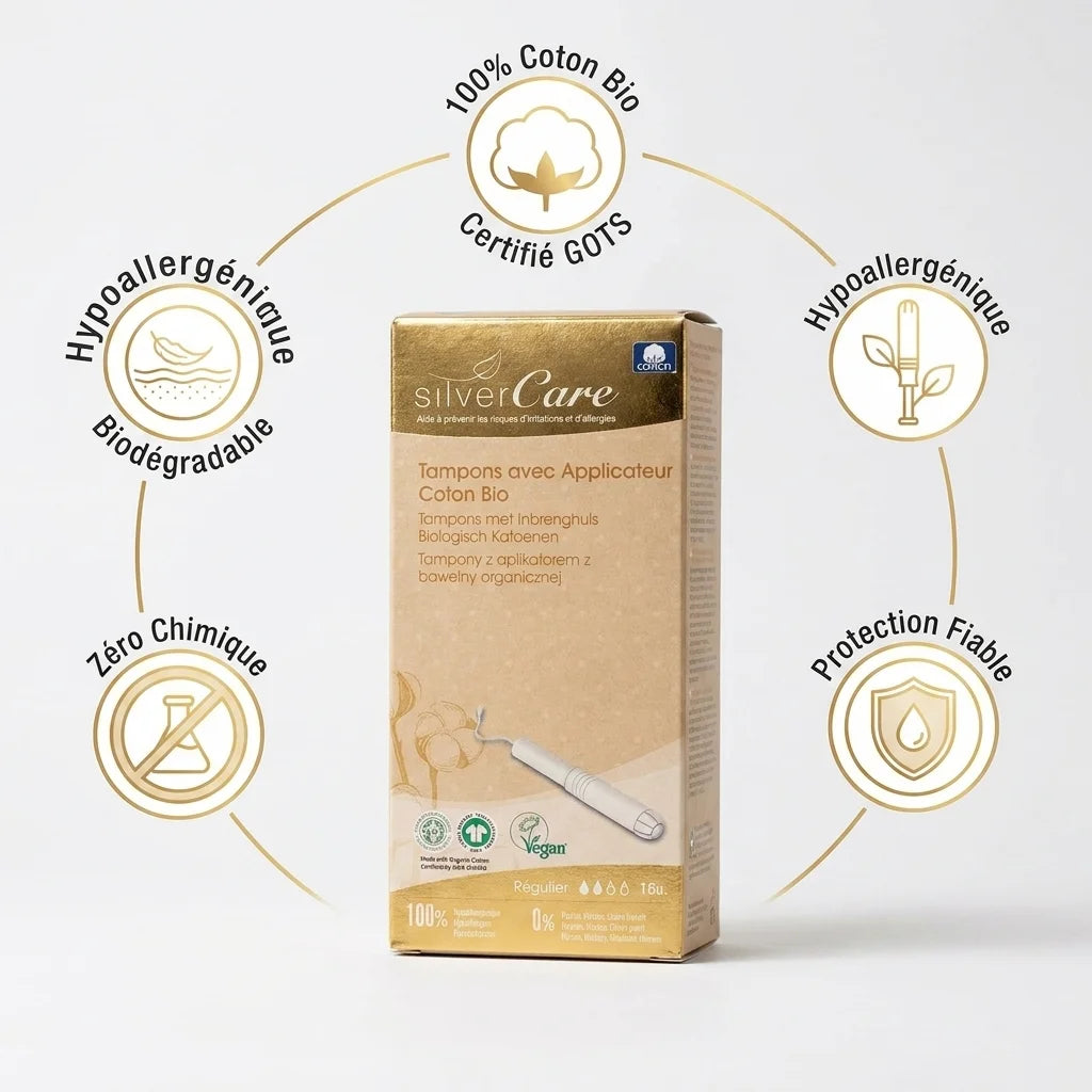 Tampons Silvercare coton bio avec applicateur et bénéfices: certifié GOTS, hypoallergénique, biodégradable