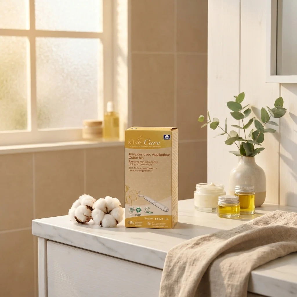 Tampons coton bio Silvercare avec applicateur sur vanité marbre, ambiance salle de bain wellness