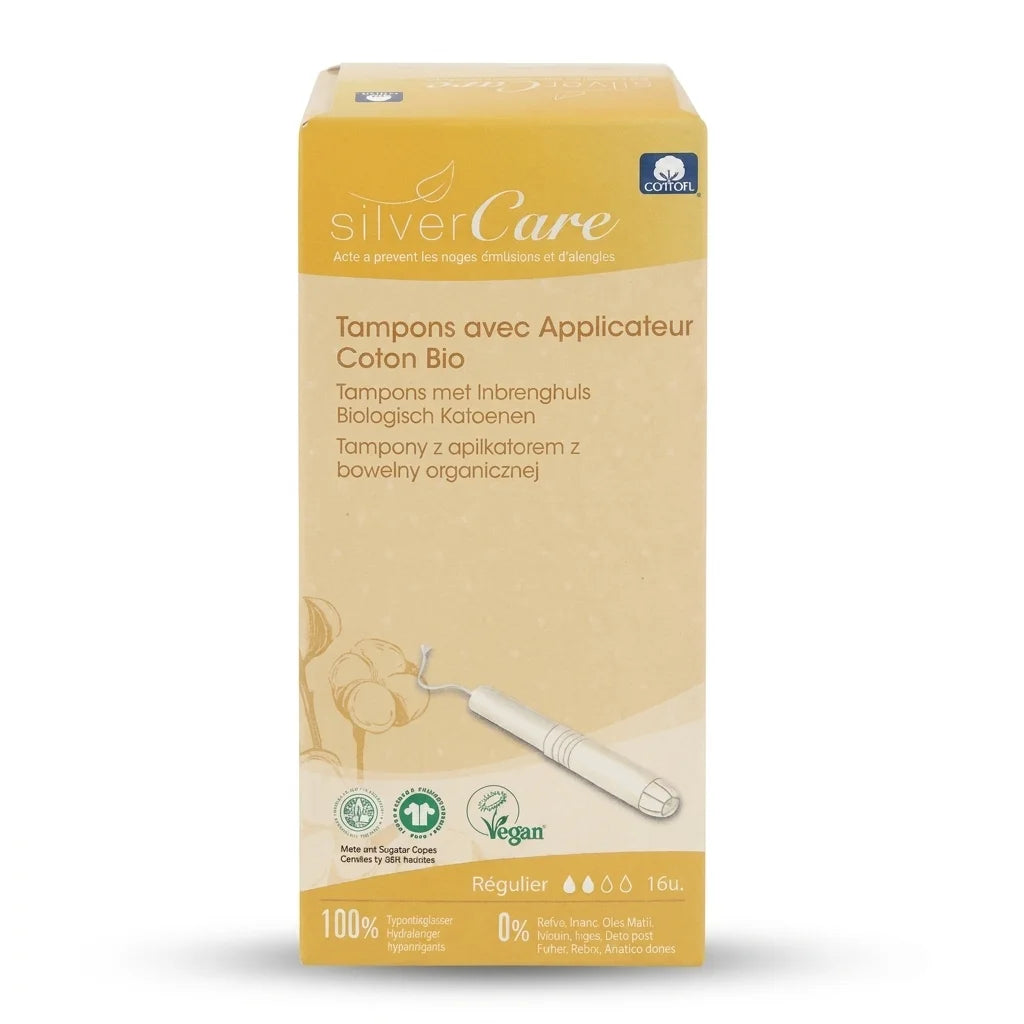 Boîte Tampons Coton Bio avec applicateur Silvercare x16 sur fond blanc