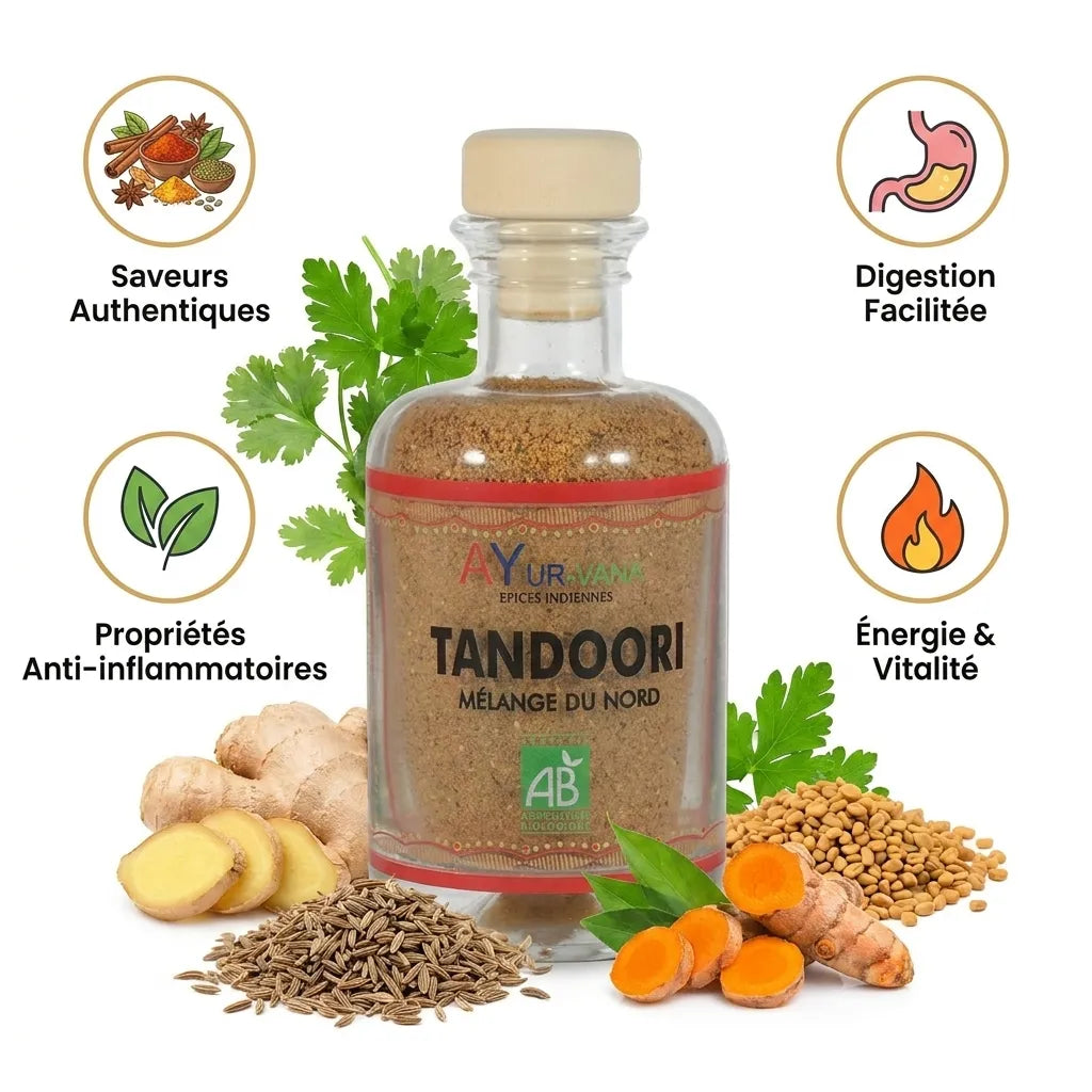 Épices Tandoori bio Ayurvana avec bénéfices digestion, anti-inflammatoires et ingrédients naturels