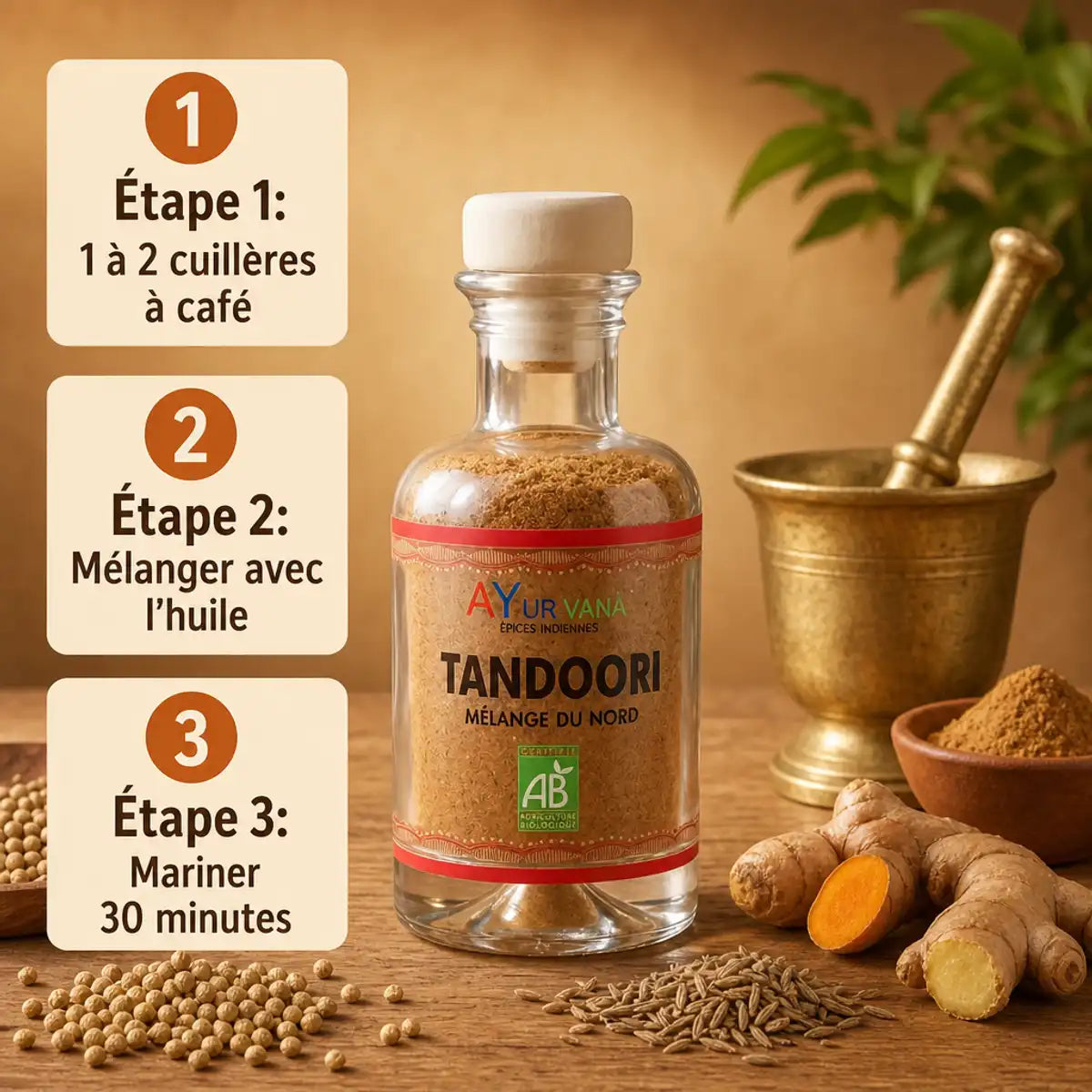 Épices tandoori bio Ayurvana en bouteille avec ingrédients naturels et guide de préparation en 3 étapes