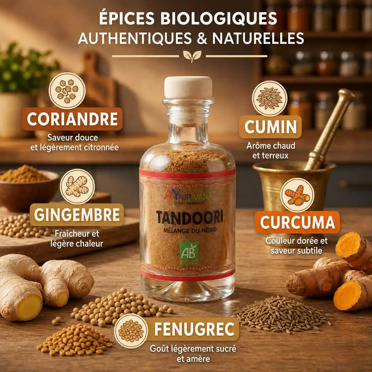 Épices bio Ayurvana Tandoori avec ingrédients naturels: gingembre, curcuma, cumin et coriandre