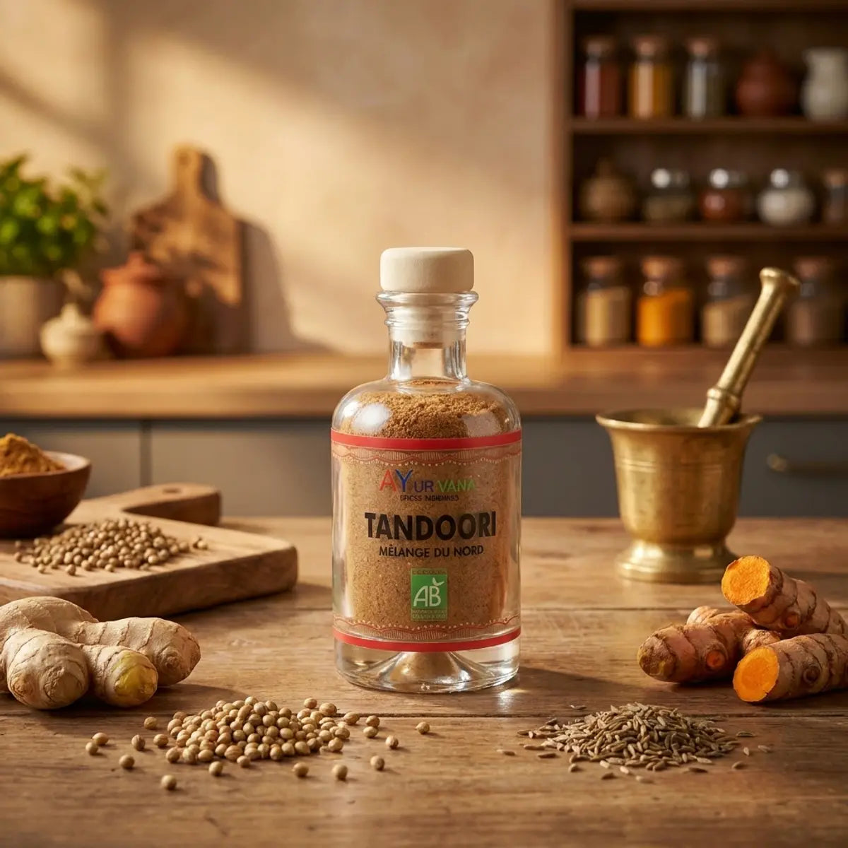 Épices Tandoori bio Ayurvana avec ingrédients indiens frais sur plan de travail