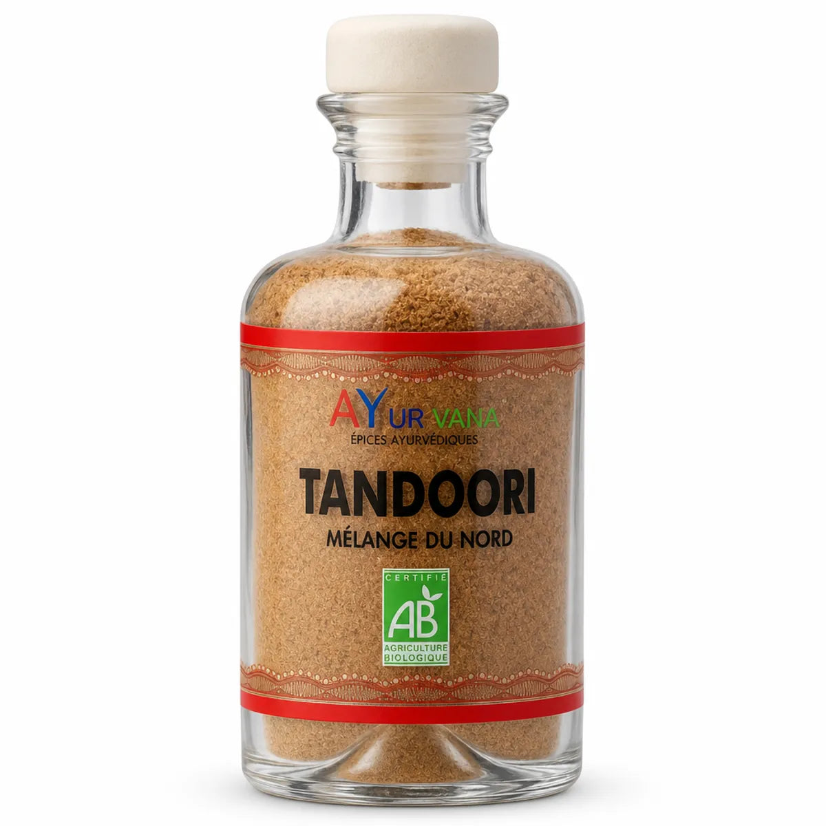 Mélange d'épices Tandoori bio Ayurvana en bouteille, certification organic