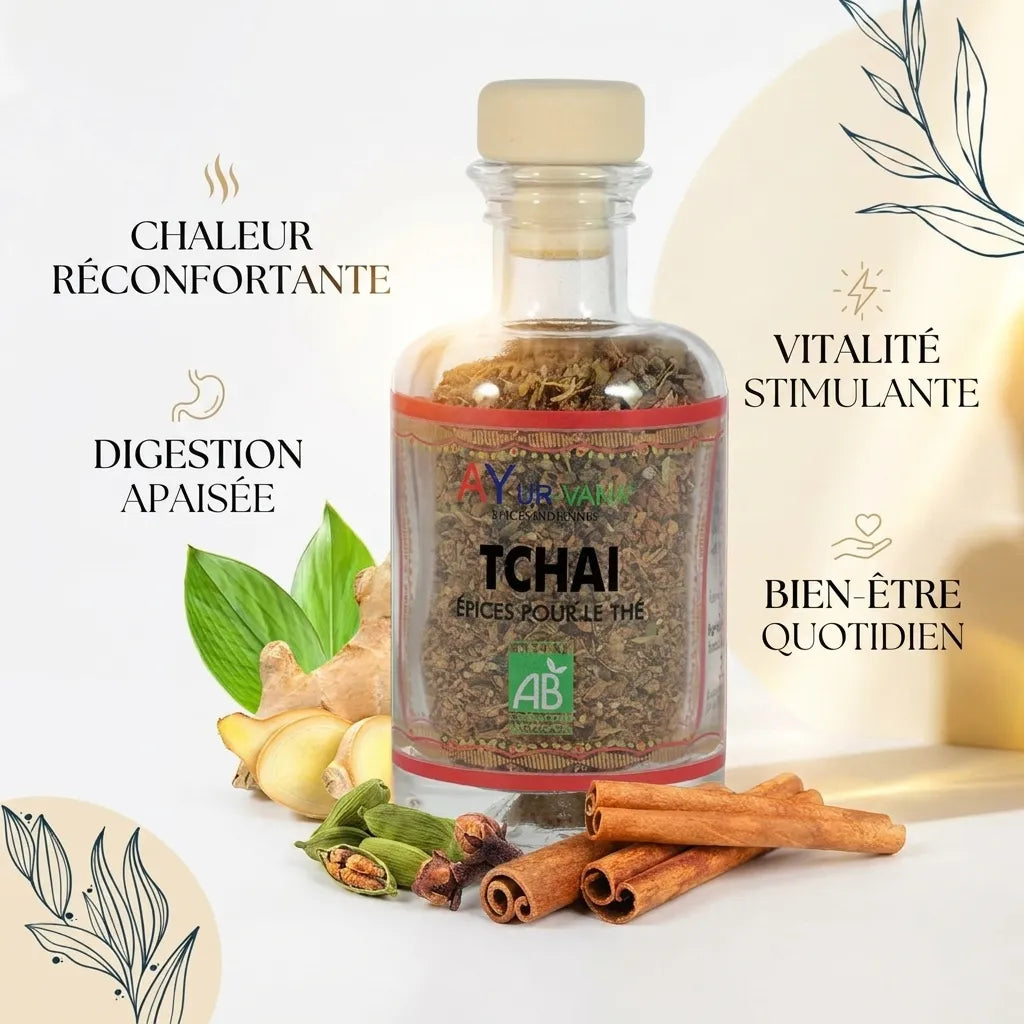 Tchaï bio Ayurvana avec épices : gingembre, cannelle, cardamome et bénéfices wellness