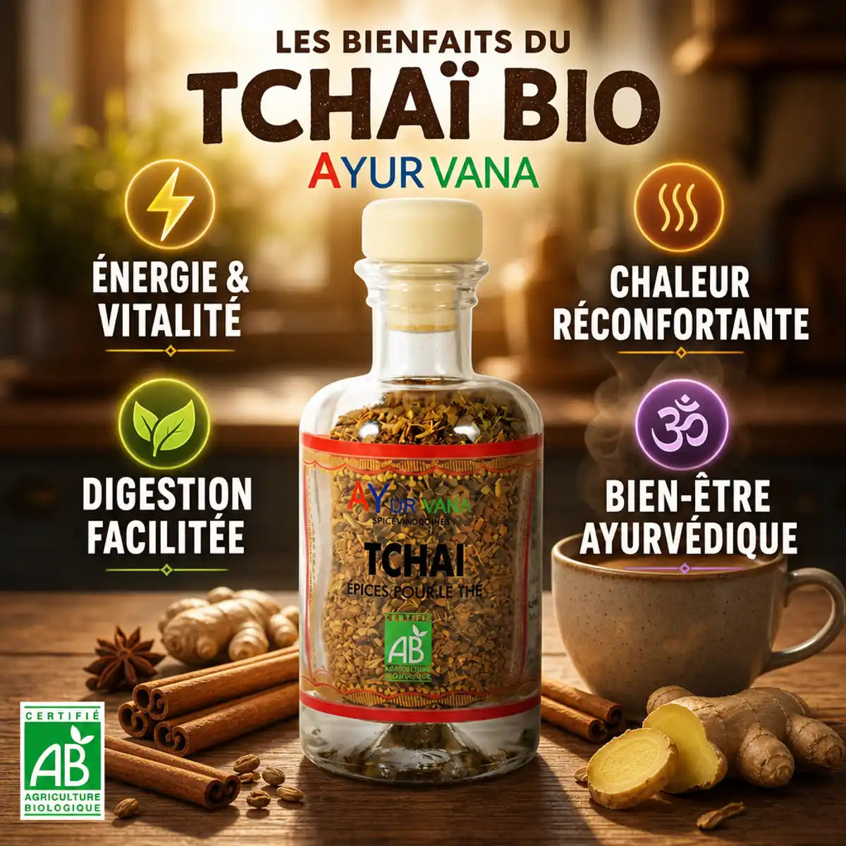 Tchaï bio Ayurvana - flacon d'épices avec gingembre, cannelle et bénéfices ayurvédiques pour la santé