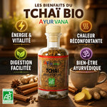 Tchaï bio Ayurvana - flacon d'épices avec gingembre, cannelle et bénéfices ayurvédiques pour la santé