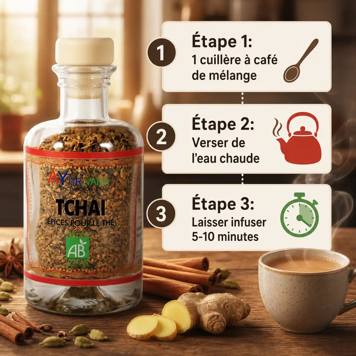 Tchaï bio Ayurvana - Guide d'infusion avec bouteille, épices et dosage en 3 étapes