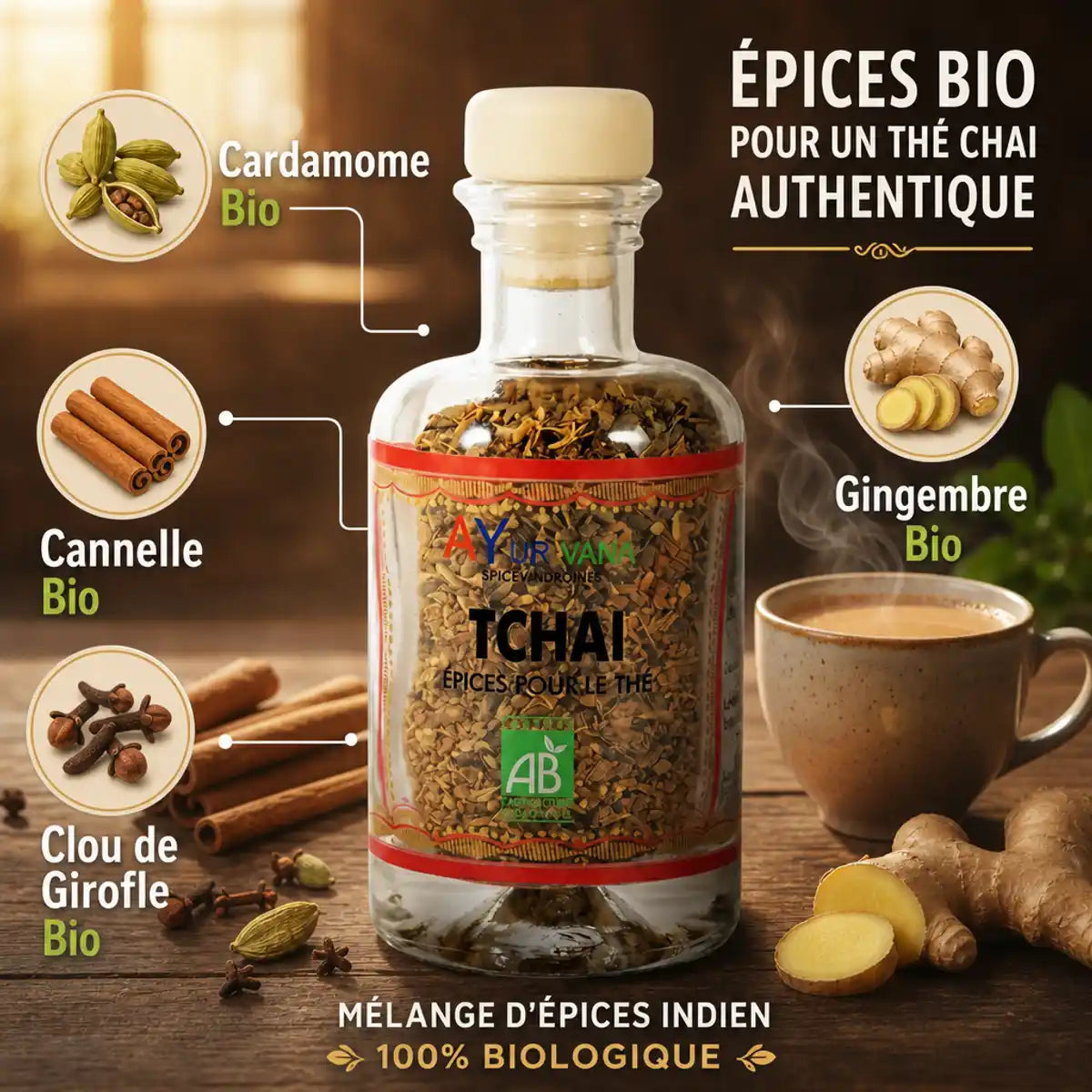 Bouteille Tchaï bio Ayurvana avec ingrédients : cardamome, cannelle, gingembre et clou de girofle