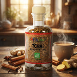 Tchaï bio Ayurvana en bouteille verre avec tasse fumante, bâtons cannelle et gingembre frais