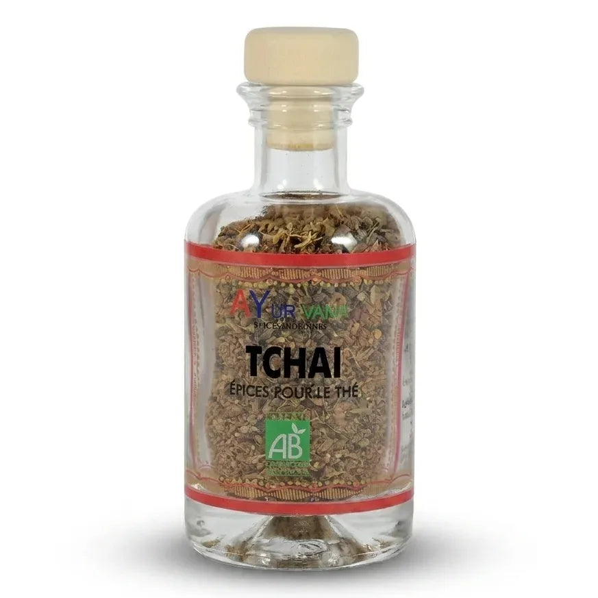 Tchaï bio Ayurvana en pot verre avec couvercle liège et ruban rouge