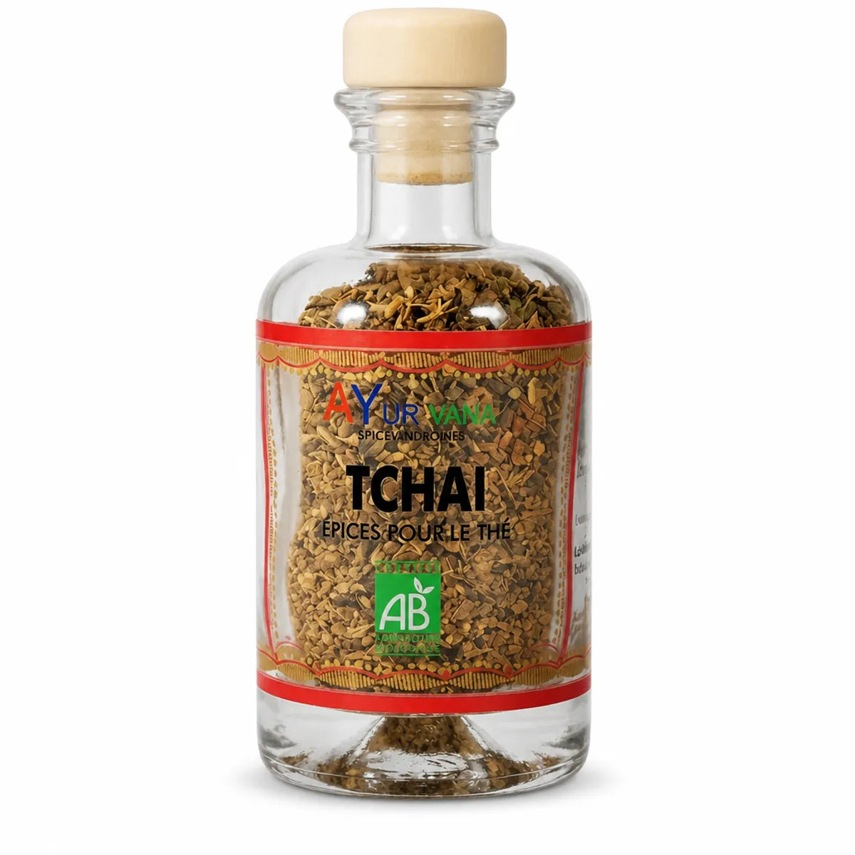 Bouteille de Tchaï bio Ayurvana mélange d'épices certifié AB sur fond blanc