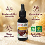 Teinture mère propolis brune Bio Propolia, flacon avec pipette et certifications qualité