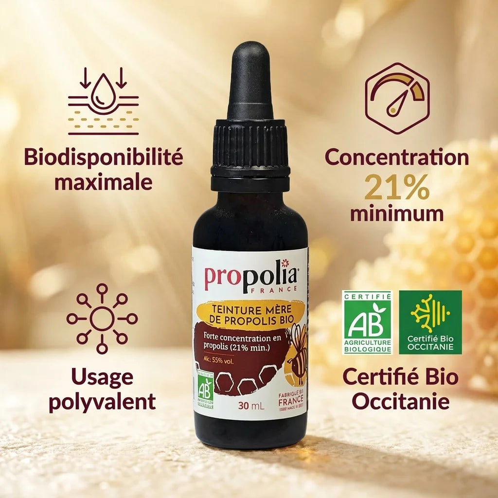 Teinture mère propolis brune Bio Propolia, flacon avec pipette et certifications qualité