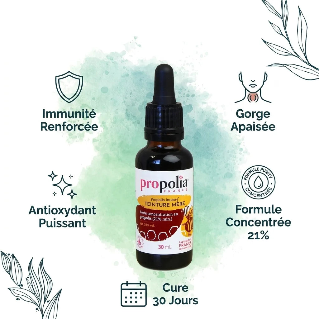 Teinture mère Propolis brune Propolia avec 5 bénéfices : immunité, gorge, antioxydant, 21%, cure 30j