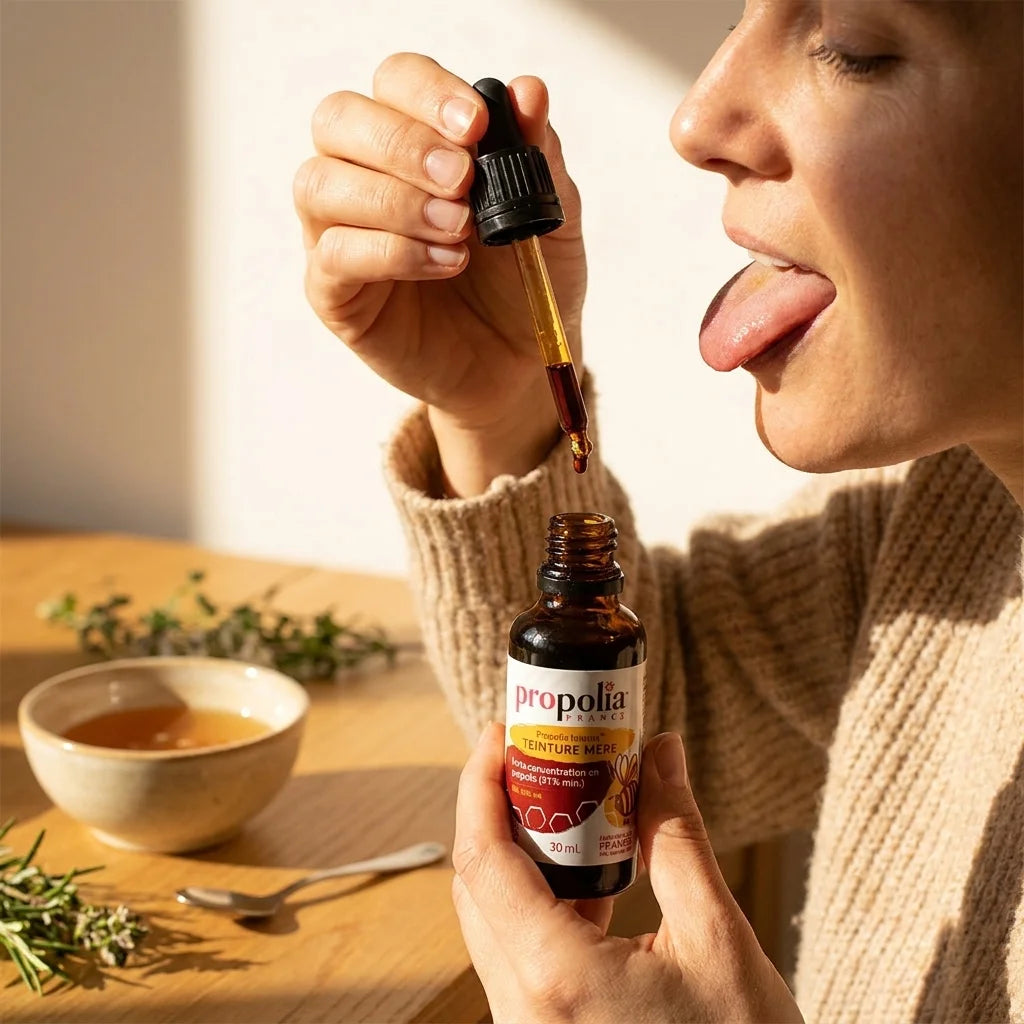 Teinture mère Propolis brune Propolia, femme appliquant les gouttes sur la langue