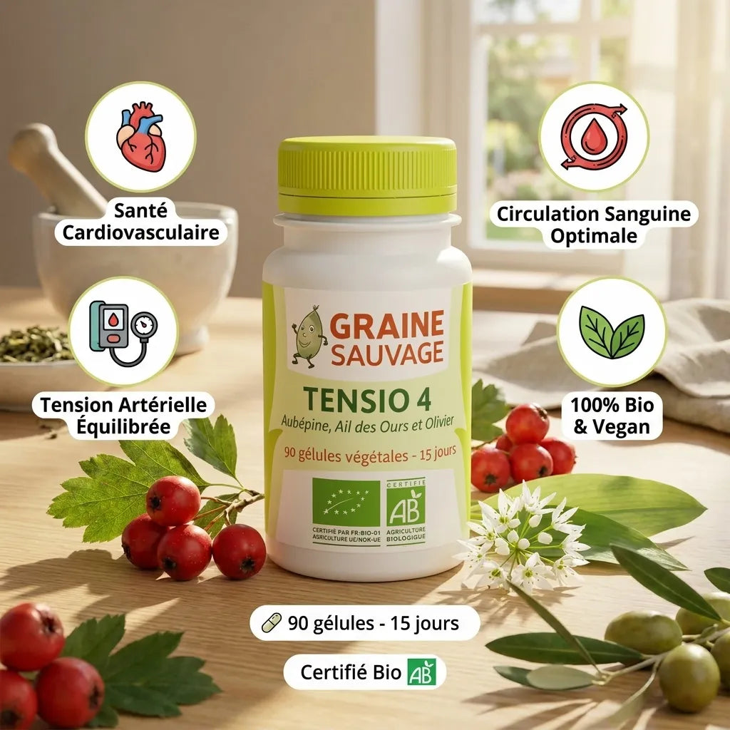 Tensio 4 Bio gélules avec ingrédients botaniques naturels pour circulation sanguine et tension artérielle équilibrée