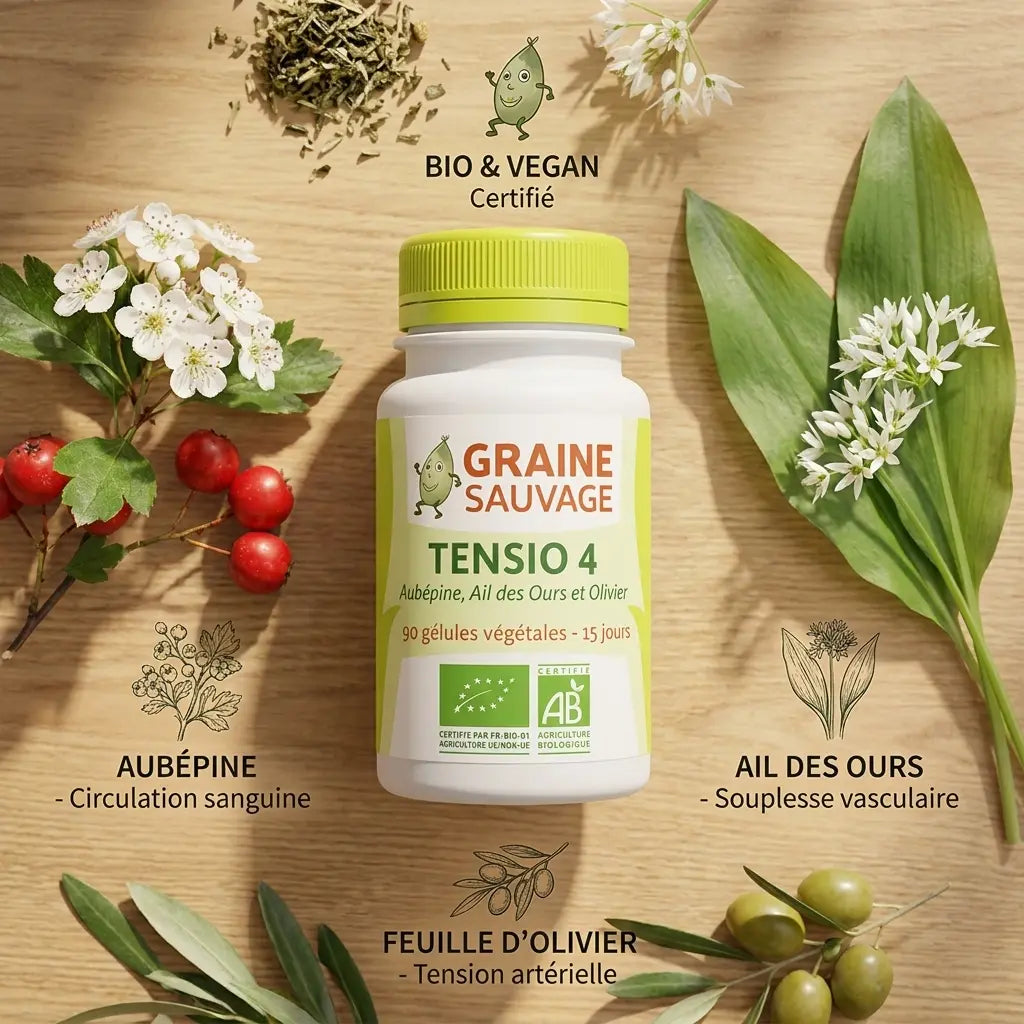 Tensio 4 Bio complément alimentaire vegan en gélules avec aubépine, ail des ours et feuille d'olivier