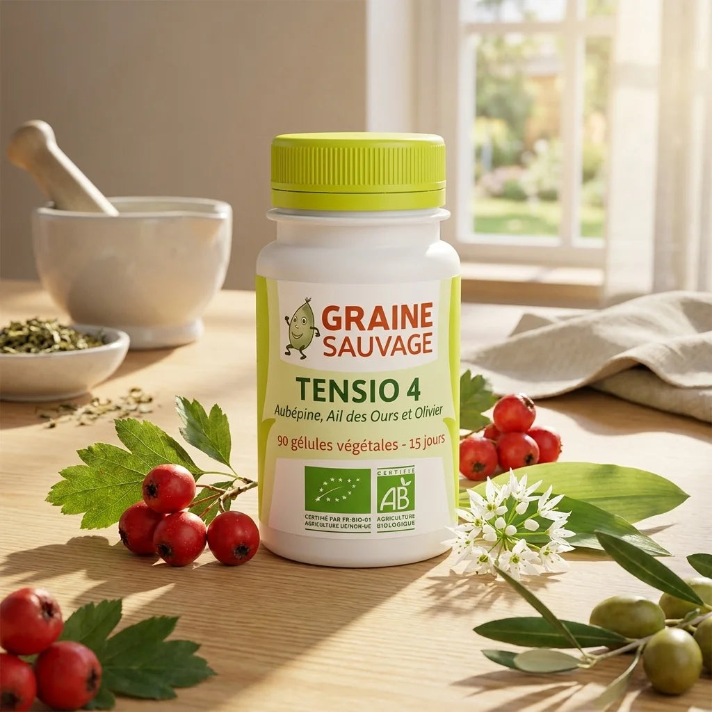 Graine Sauvage Tensio 4 bio et vegan en gélules sur plan de travail wellness avec herbes fraîches