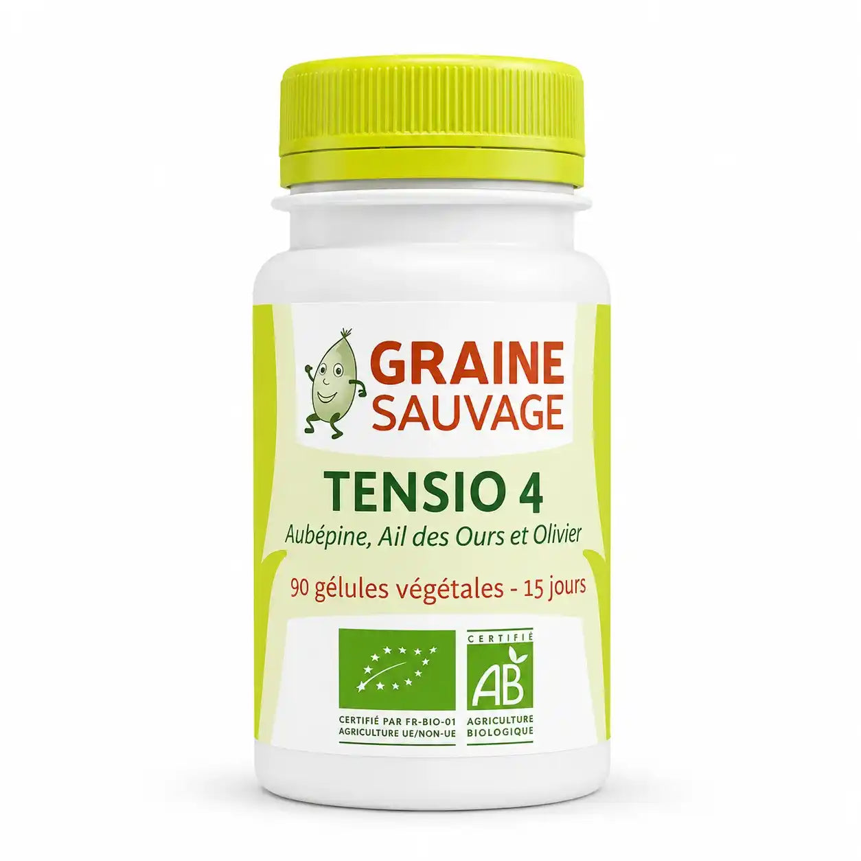 Tensio 4 Bio en gélules, complément alimentaire végan dans son flacon avec bouchon jaune-vert